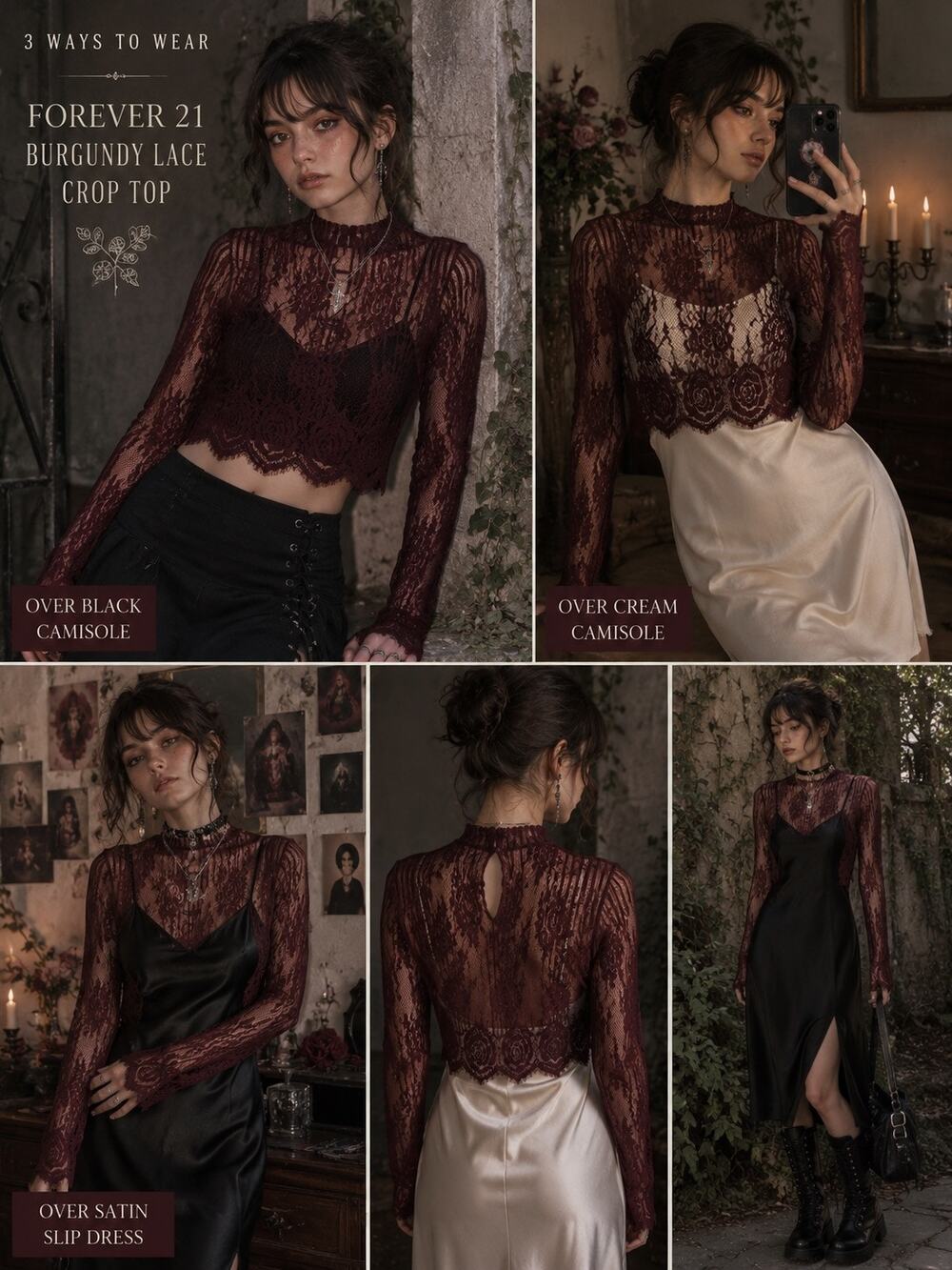 Forever 21 Burgundy Sheer Lace Mock Neck Long Sleeve Crop Top M Fairycore Goth